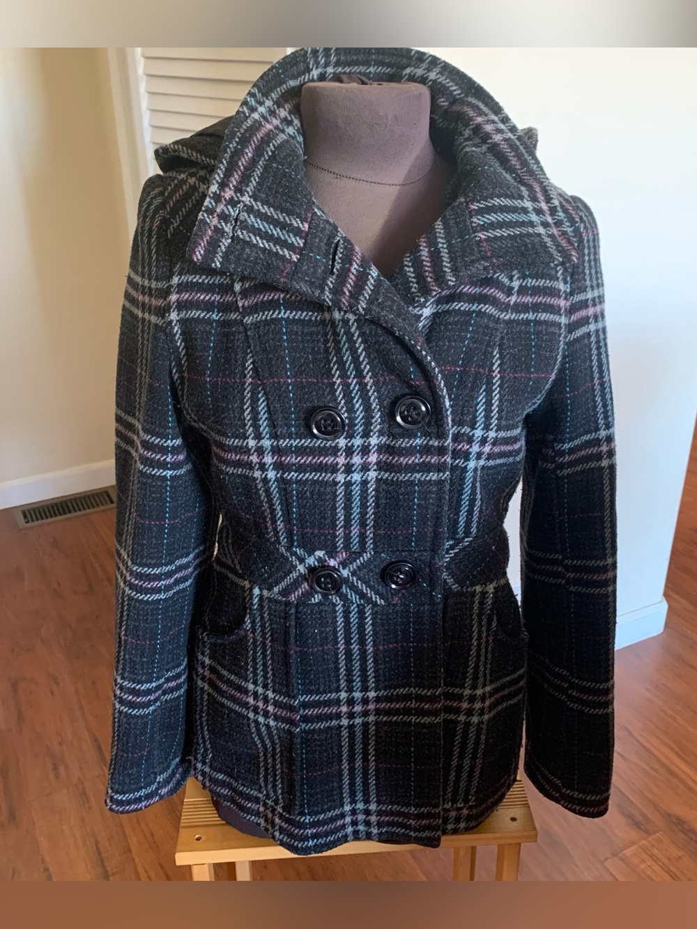 Metaphor Black and Gray Plaid Double-Breasted Pea Coat with removable hood